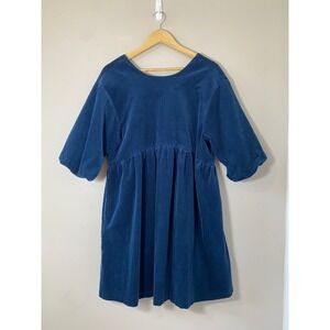 Everlane Blue Fine Wale Corduroy Mini Dress Short Sleeve Babydoll Pockets Size M